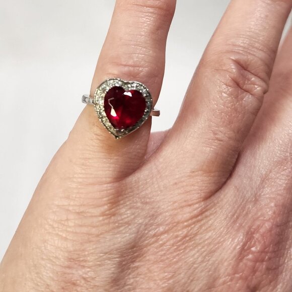 Simulated Heart-Shaped Ruby Silver Ring with CZ - Picture 8 of 8